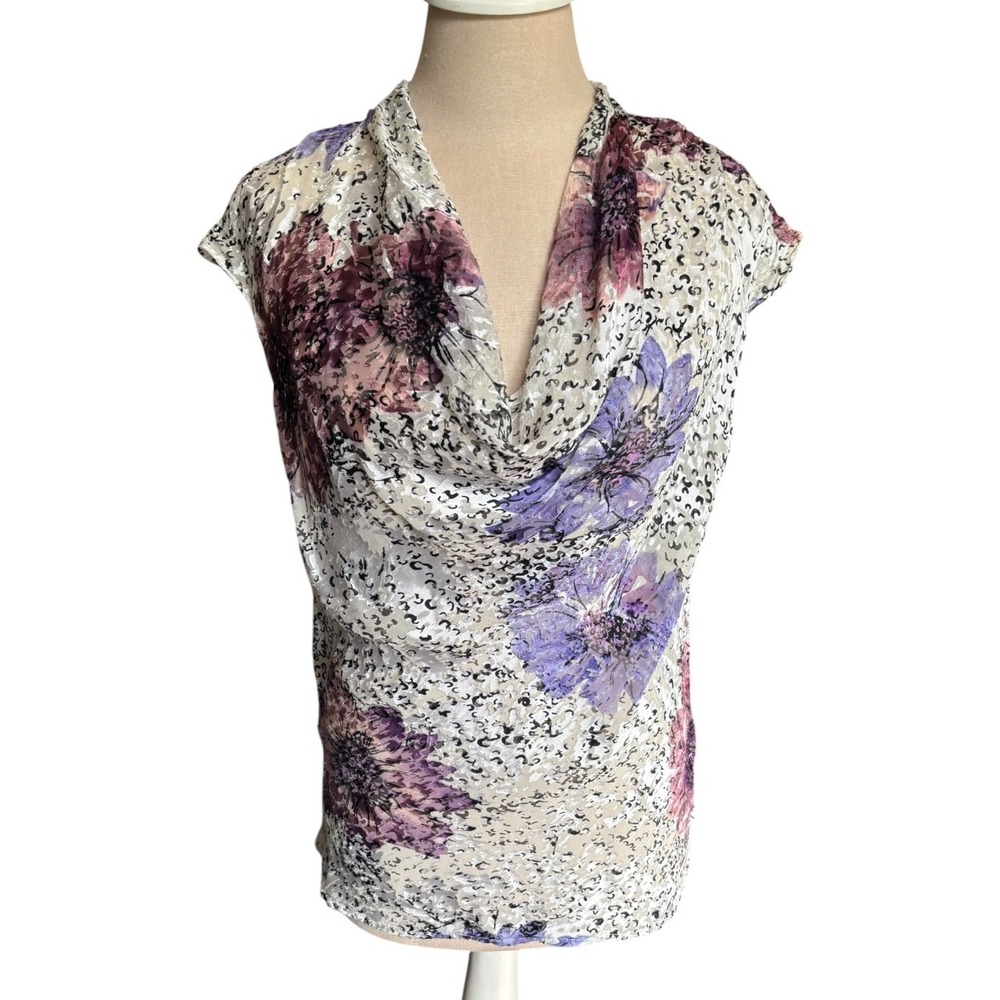 Vintage Womens Silk Floral Burnout Cowl Neck Blouse Top Sz 12 Multi Y2K Fairy